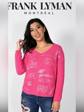 FRANK LYMANMontreal Fuchsia Knit V-Neck Sweater with Silver Script Size Medium
